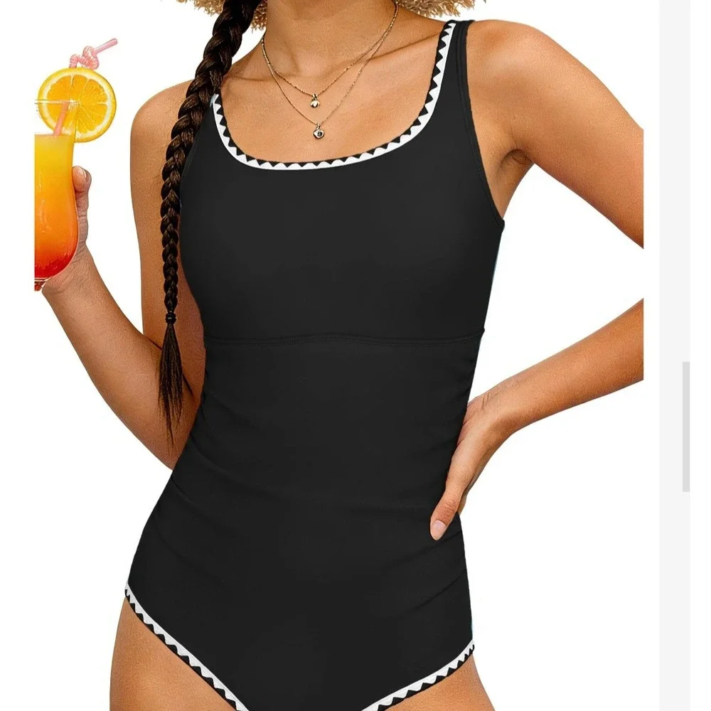 Black One Piece Swimsuit White Scalloped Trim Square Neck Girls Size‎ 13-14Y